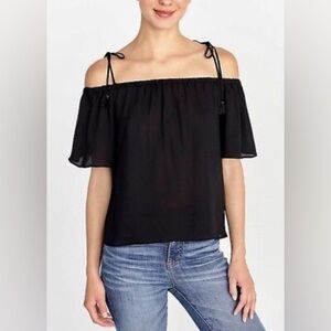 J.Crew Tie Tassel Cold-Shoulder Top Black Women Size 6
